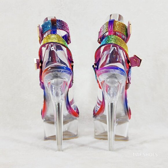 Bulls Rainbow Rhinestone Harness Strap Clear Platform Heels - Picture 4 of 17